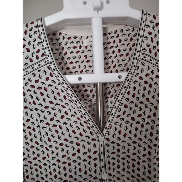 Libs print Top BLouse Max Studio Women's Short Sleeve Cream Black V-Neck Size L - Picture 4 of 9